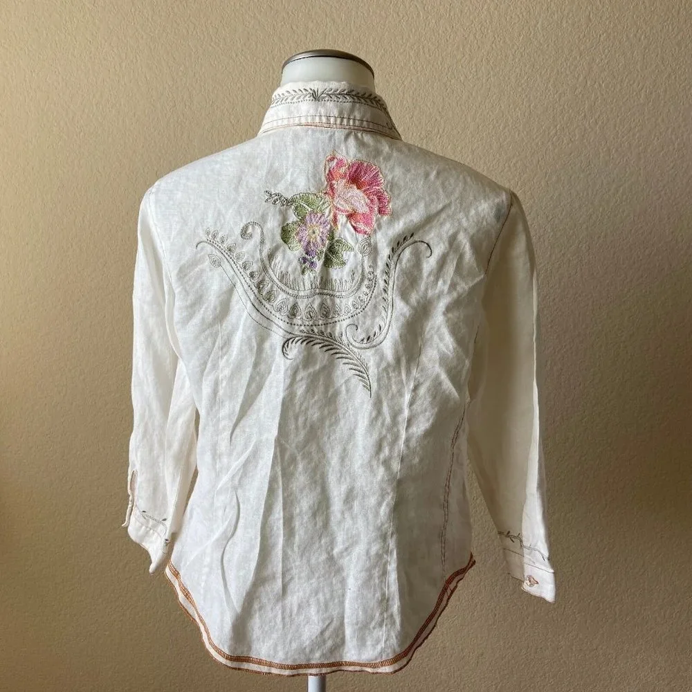 Tweeds Women Linen Embroidered Button Front Shirt Size: S Cottagecore Boho - Picture 2 of 9